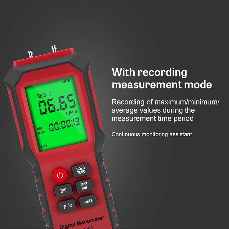 YZTMETER YZT Digital Manometer - Air, Gas Pressure Meter with Differential Gauge and Dual-Port Tester (9v Battery Included) - Image 5